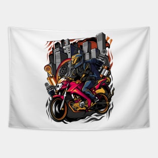 Man wearing helmet riding motorcycle Tapestry