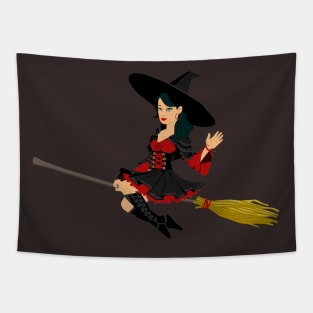 Good Witch On Broomstick Waving Hello Tapestry