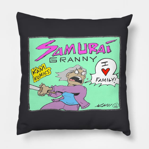 Kam Komics_SamuraiGranny_tshirt Pillow by Kam Komics 