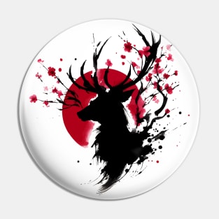 Sumie Japanese Brushstroke Sakura flowers Deer Antlers Pin