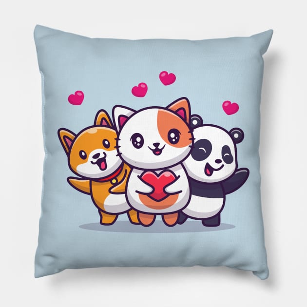 Cute Cat, Panda And Dog With Love Pillow by Catalyst Labs