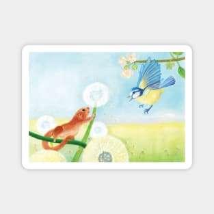 Hazel Dormouse & Great Tit Illustration Magnet