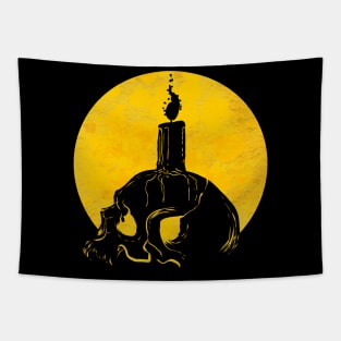 Candle On Skull In Front Of Moon Halloween Tapestry