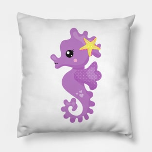 Cute Seahorse, Purple Seahorse, Starfish, Hearts Pillow