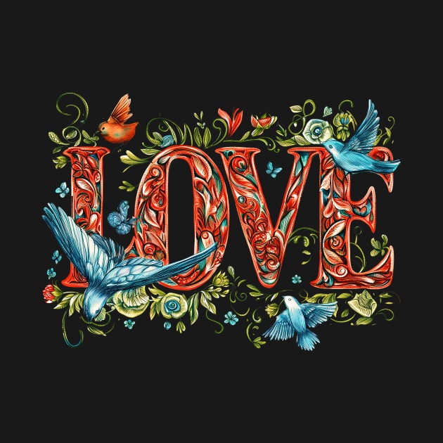 Colorful Valentines Love and birds adorn this beautiful Valentines Day design Great for lover wife daughter girl friend mom mother Happy Valentines Day by Tees 4 Thee