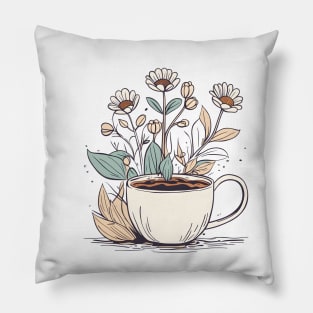 Flowers Growing From a cup Of Coffee Pillow