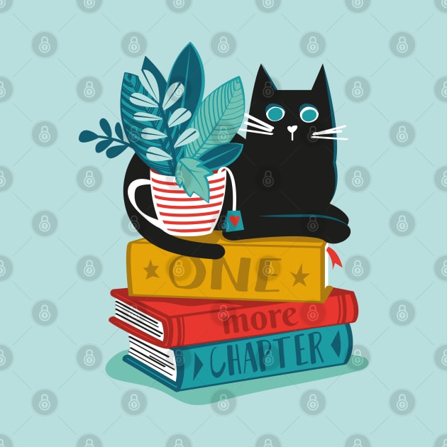 One more chapter // spot // aqua background black cat striped mug with plants red teal and yellow books with quote by SelmaCardoso