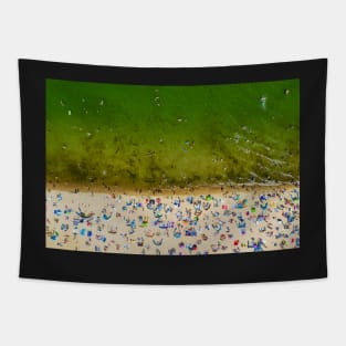 Crowded beach during summertime top down aerial view Tapestry