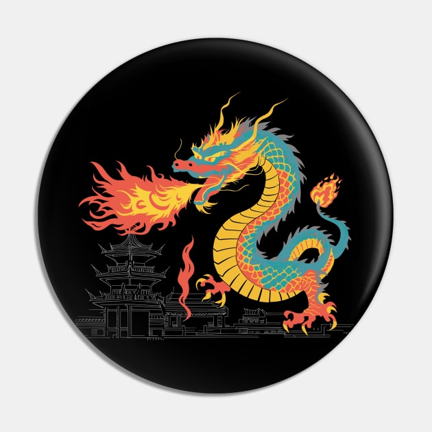 Colorful Chinese Dragon Unleashing Fire on Chinese City Pin by ArtMichalS