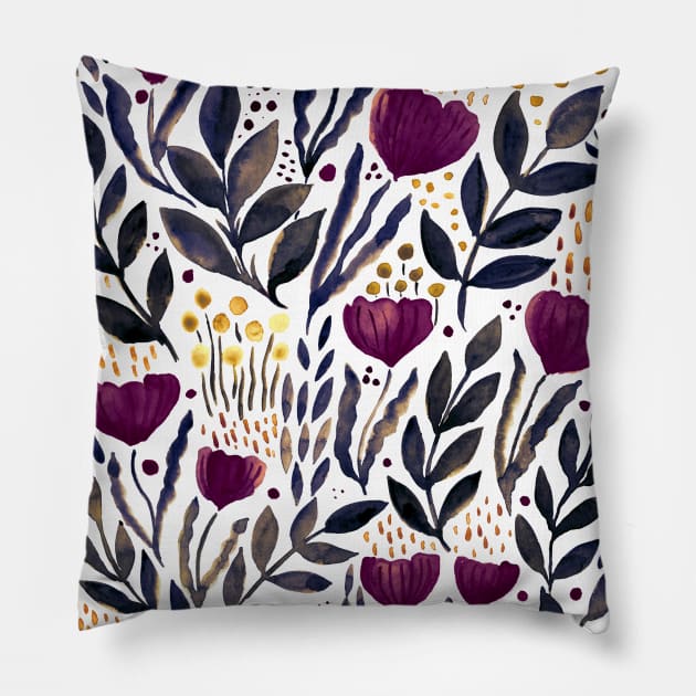 Watercolor flower garden -  burgundy Pillow by wackapacka