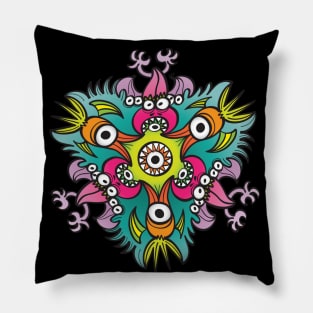 Doodle art in the form of crazy hungry monsters Pillow