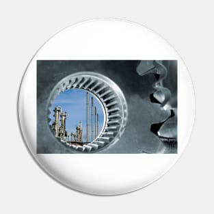 Oil refinery seen through industrial gears (F018/5210) Pin