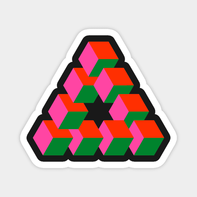 Cubes Optical Illusion in Pink, Red and Green Magnet by Hot-Proper-Tees