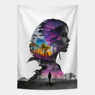 Ethereal Woman Silhouette Blending With Surreal Sunset Landscape in Monochrome Shades Tapestry