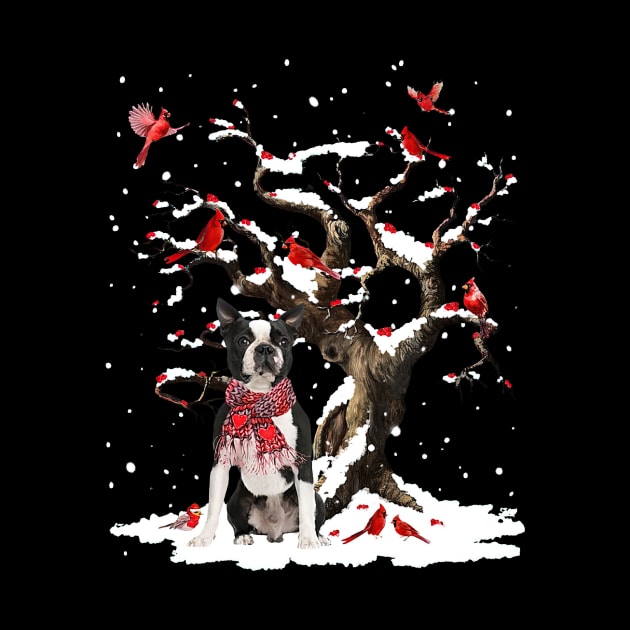 Black Boston Terrier Scarf Cardinal Snow Christmas by cogemma.art