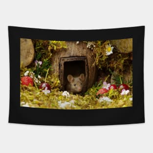 George the mouse in a log pile house Tapestry