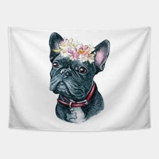 Cute Black French Bulldog with Flower Wreath Art Tapestry