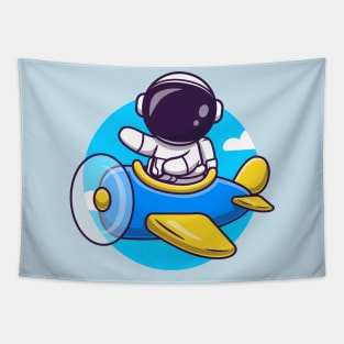 Cute Astronaut Flight With Plane Cartoon Tapestry