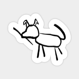 Stick figure, line drawing of a dog. Magnet