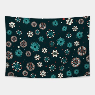 Bright Black Teal Blue Red and White Snowflakes Pattern Tapestry