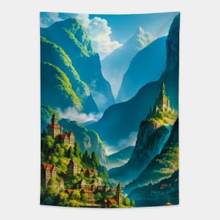 Lovely, green fantasy city in a lush valley Tapestry