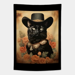 Retro Vintage Cowboy Black Cat - Whiskered Wild West Adventure Tapestry