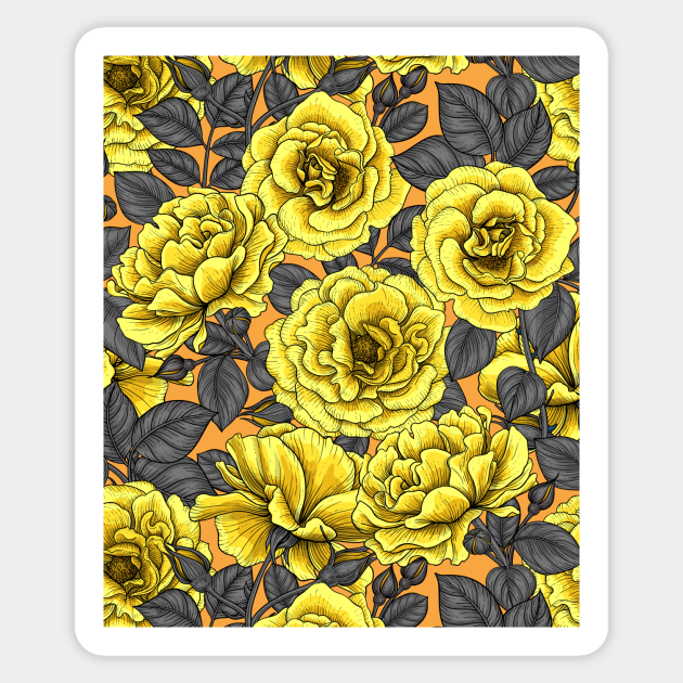 Yellow roses with dark gray leaves on orange - Roses - Sticker