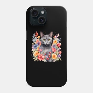 A russian blue cat decorated with beautiful watercolor flowers Phone Case