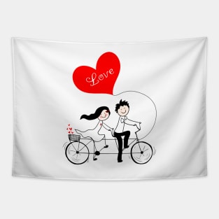 Cute couple riding tandem bicycle Tapestry