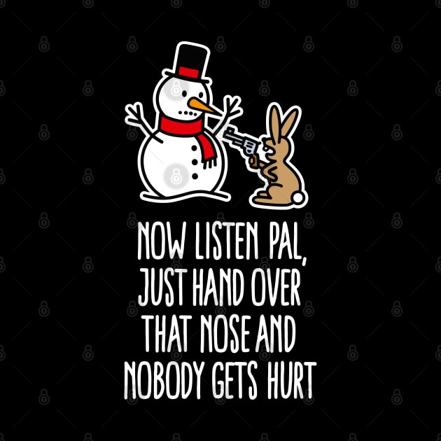 Bunny Rabbit robbing snowman carrot nose with gun Christmas by LaundryFactory