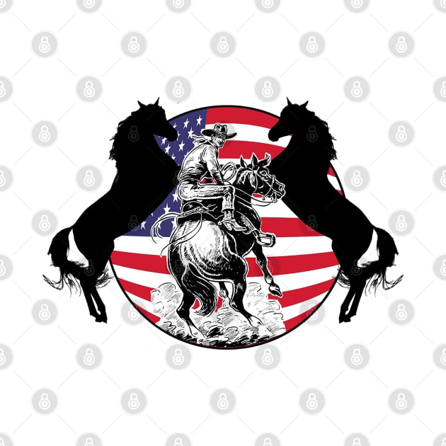 American cowboy, patriotic flag and black horses by Marccelus