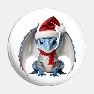 Adorable Blue Baby Dragon Wearing a Red Festive Christmas Hat Pin