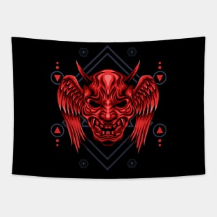 Winged Oni Mask Sacred Geometry Tapestry