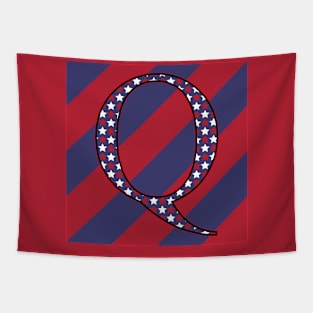 Old Glory Letter Q Star-Filled Black Outline on Red and Blue Stripes Tapestry