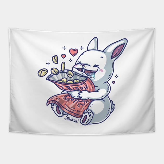 Cute bunny rabbit loving crispy potato chips Tapestry by SPIRIMAL