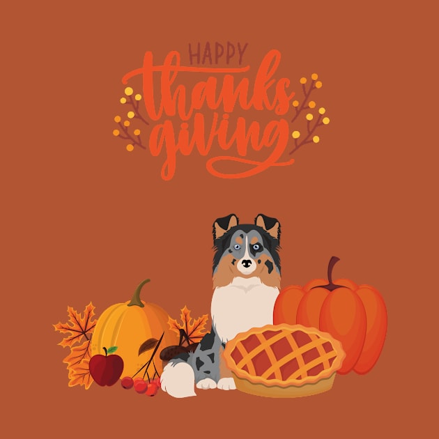 Cute Sheltie with Orange Happy Thanksgiving Sign and Holiday Pie and Pumpkin by Seasonal Dogs