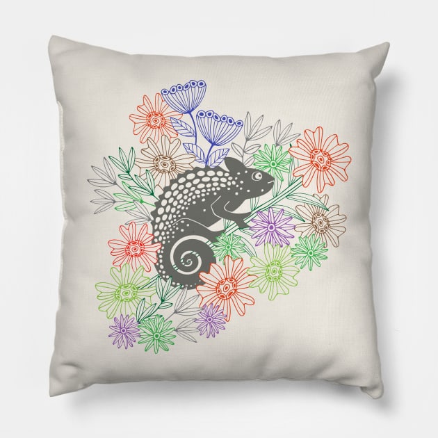 CHAMELEONS JUST WANNA HAVE FUN Cute Reptile Lizard with Rainforest Jungle Flowers in Retro Gray - UnBlink Studio by Jackie Tahara Pillow by UnBlink Studio by Jackie Tahara