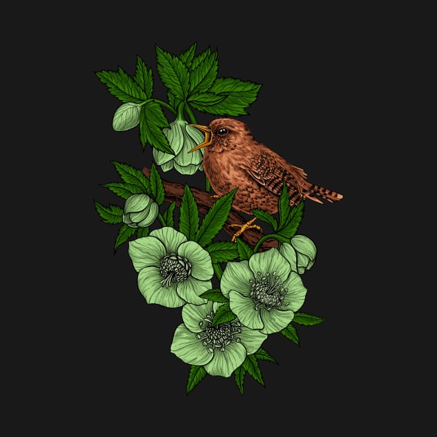 Wren and hellebore by katerinamk