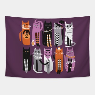 High Gothic Halloween Cats // print // purple background orange grey purple white and black kittens Tapestry