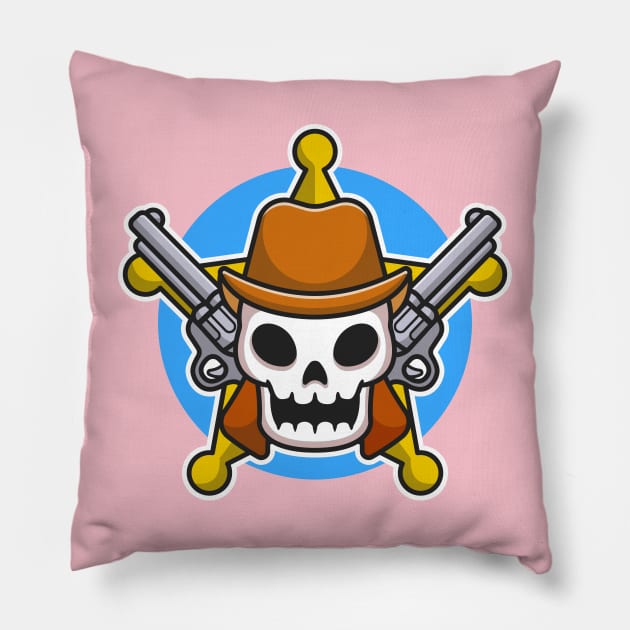 Cute Sheriff Skull With Gun Cartoon Pillow by Catalyst Labs