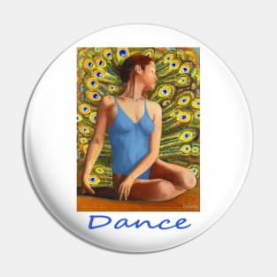 Dancer seated in front of peacock feathers Pin