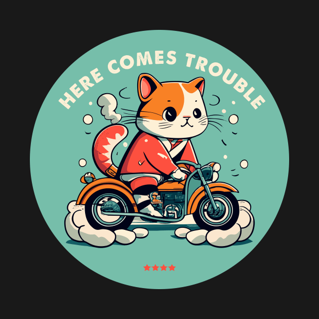 here comes trouble biker cat by Kingrocker Clothing