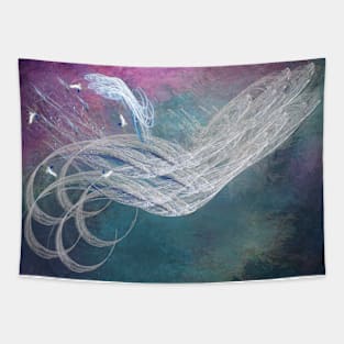 Surreal birds flying in a stormy sky Tapestry