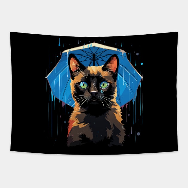 Siamese Cat Rainy Day With Umbrella Tapestry by JH Mart