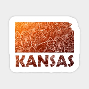 Colorful mandala art map of Kansas with text in brown and orange Magnet