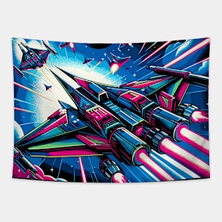 Neon Space Conflict: 80s Galactic Battle Tapestry