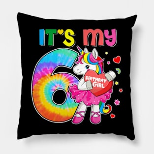 It'S My 6Th Birthday Girls Mom Unicorn Age 6 Tie Dye Pillow