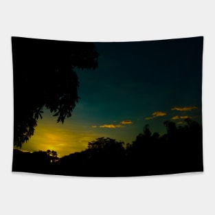 Orange Sunset, Dark Blue Skies and Trees Silhouette Tapestry