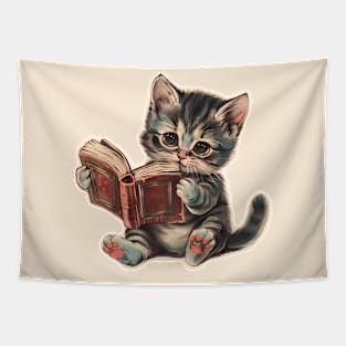 Cute cat reading book retro children illustration Tapestry