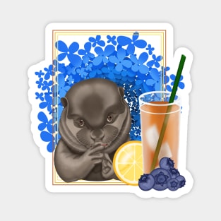 Cute Otter with cocktail, lemon and blueberries Magnet